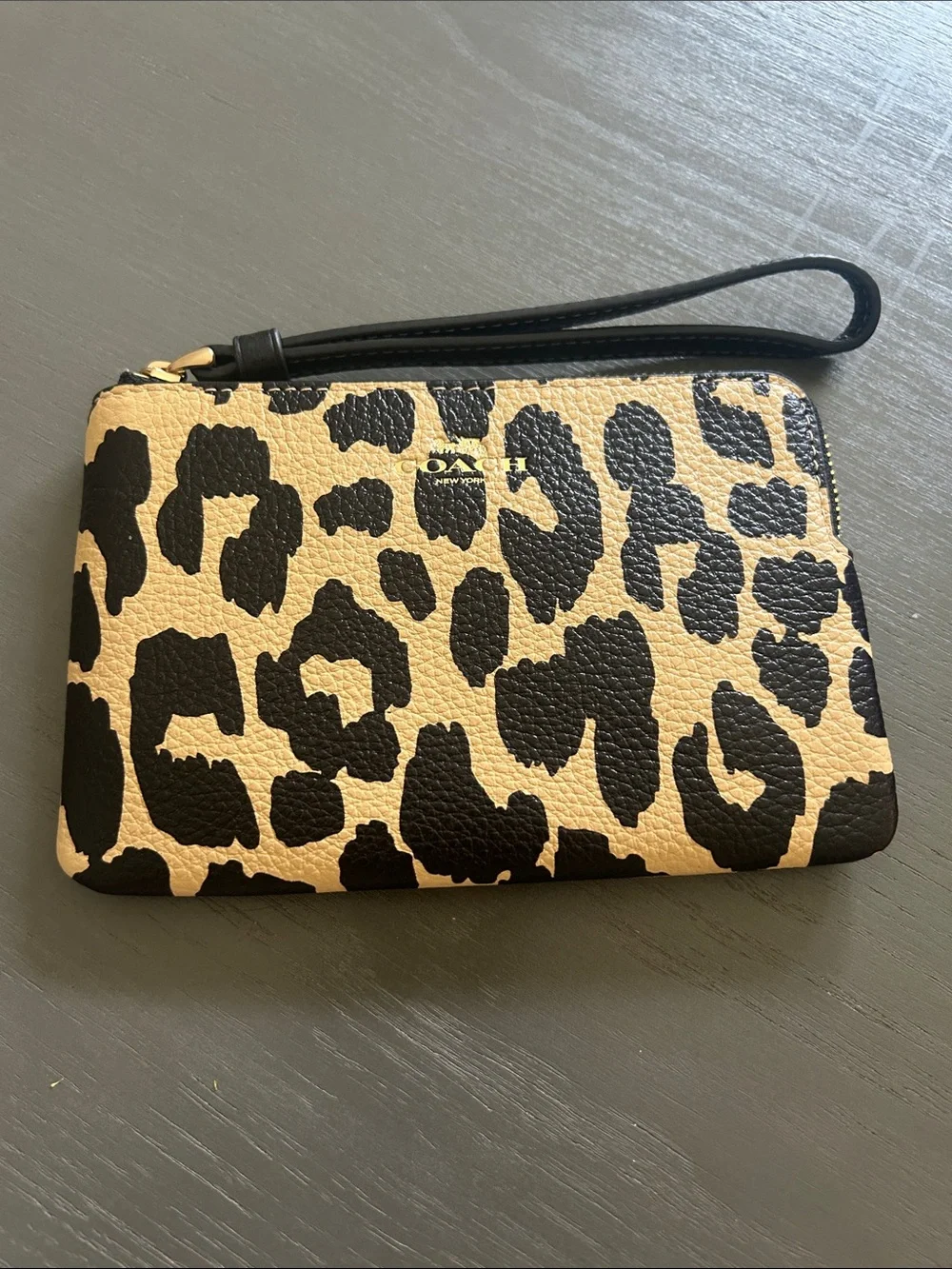 Coach Leopard Print Zip Wristlet - Black & Tan